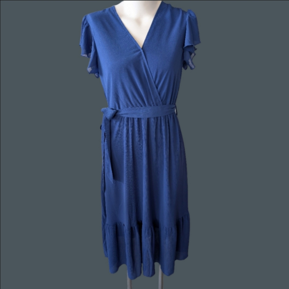 Dress Blue Midi Length V Neck Side Tie Short Sleeve By PrettyGarden